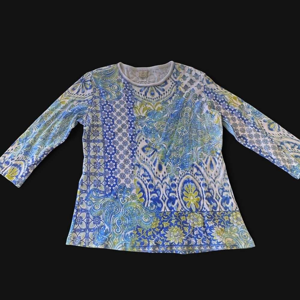 Jess & Jane Top Womens Medium Blue Paisley Art Bedazzled 3/4 Sleeve USA